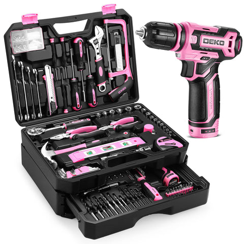 DEKOPRO pink tool kit box front view showing compact design and organization