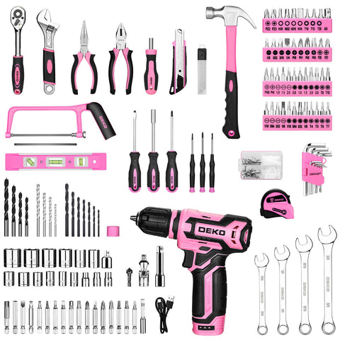 DEKOPRO pink toolbox open with tools neatly organized for easy access