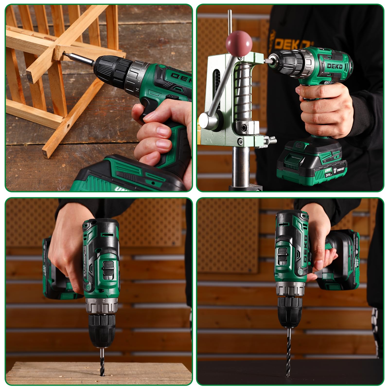 DEKOPRO 20V drill suitable for light drilling and screwing tasks.