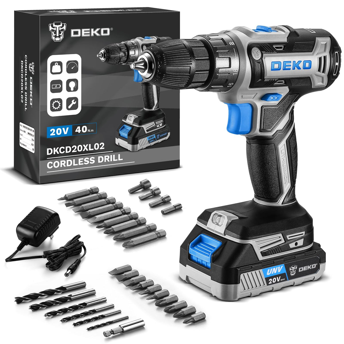 DEKOPRO cordless power drill 20V kit with battery for ready-to-use versatility in home projects.