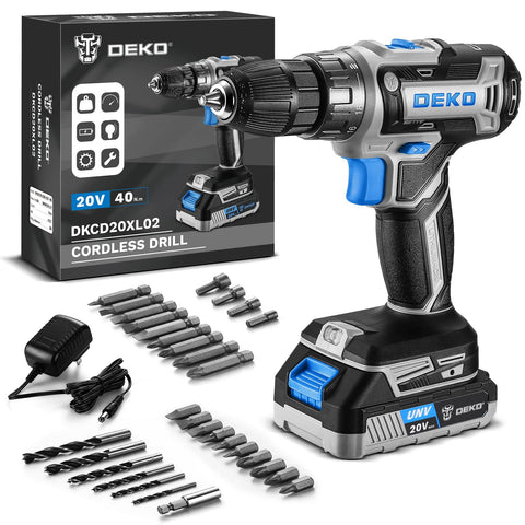 DEKOPRO cordless power drill 20V kit with battery for ready-to-use versatility in home projects.