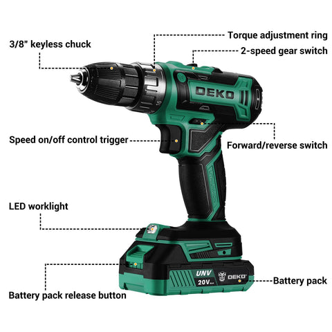 DEKOPRO cordless drill with battery and charger ready for DIY setup.