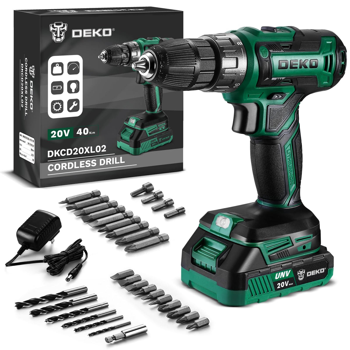 DEKOPRO cordless drill front view in green for versatile home projects.