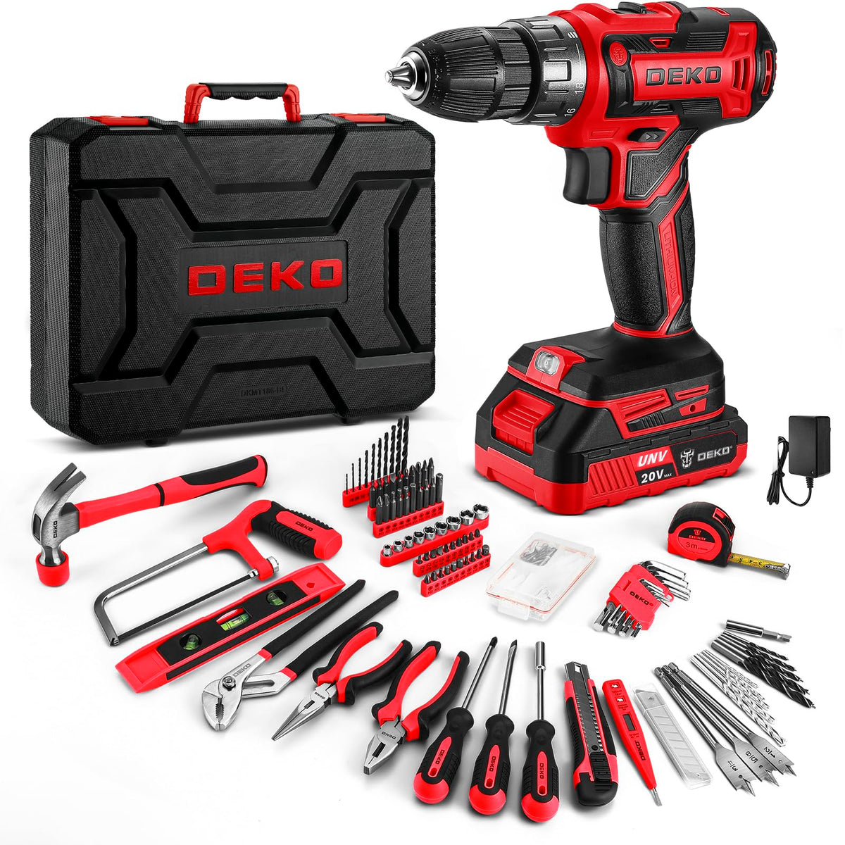 DEKOPRO red 20V cordless drill with battery for quick home repairs