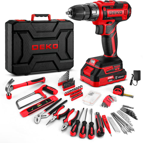 DEKOPRO red 20V cordless drill with battery for quick home repairs