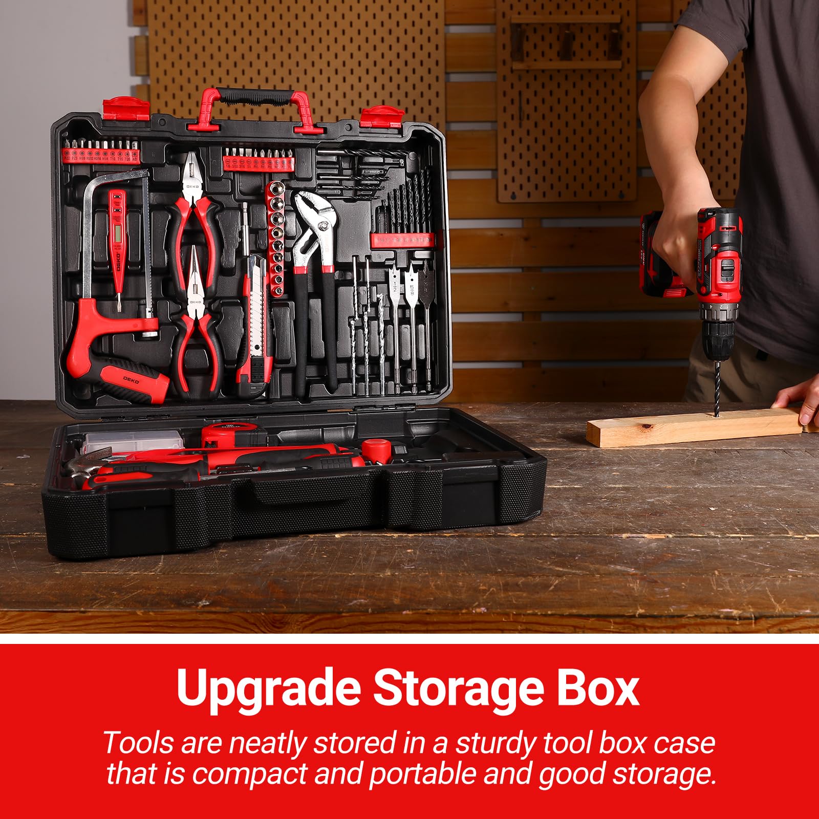 DEKOPRO cordless drill used for furniture assembly at home