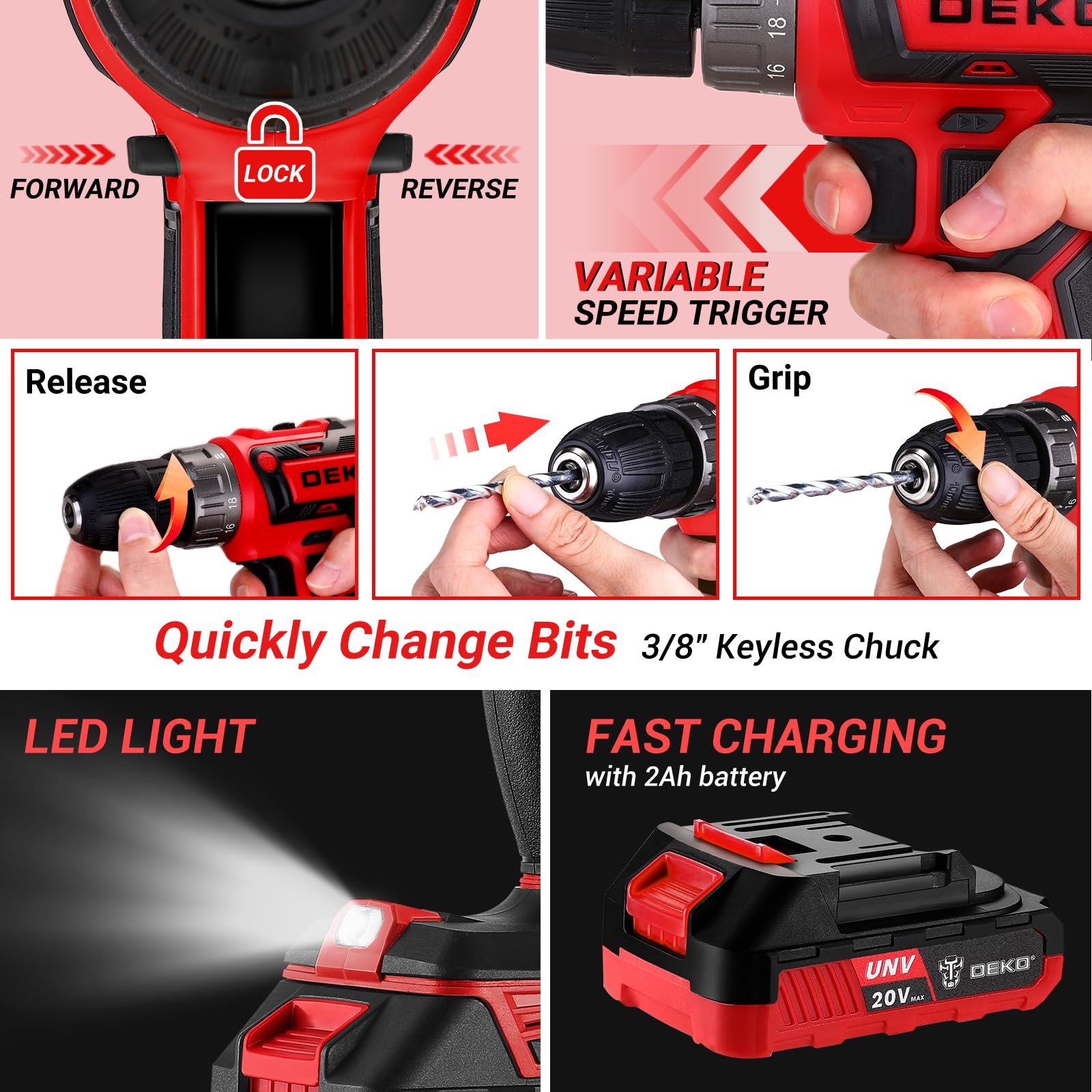 DEKOPRO 20V drill with multiple bits for various materials