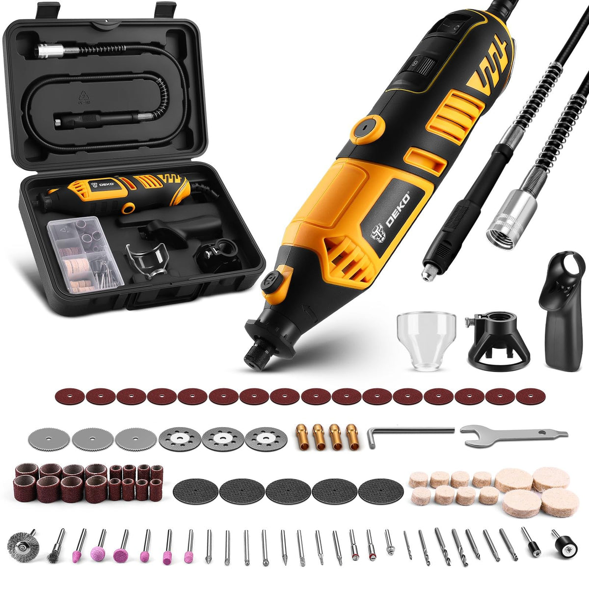 DEKOPRO rotary tool kit with 170W motor enables versatile, precise projects.