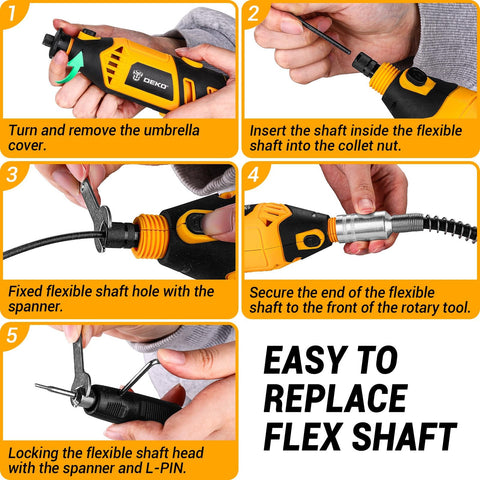 DEKOPRO tool kit includes four collets for quick, stable accessory changes.