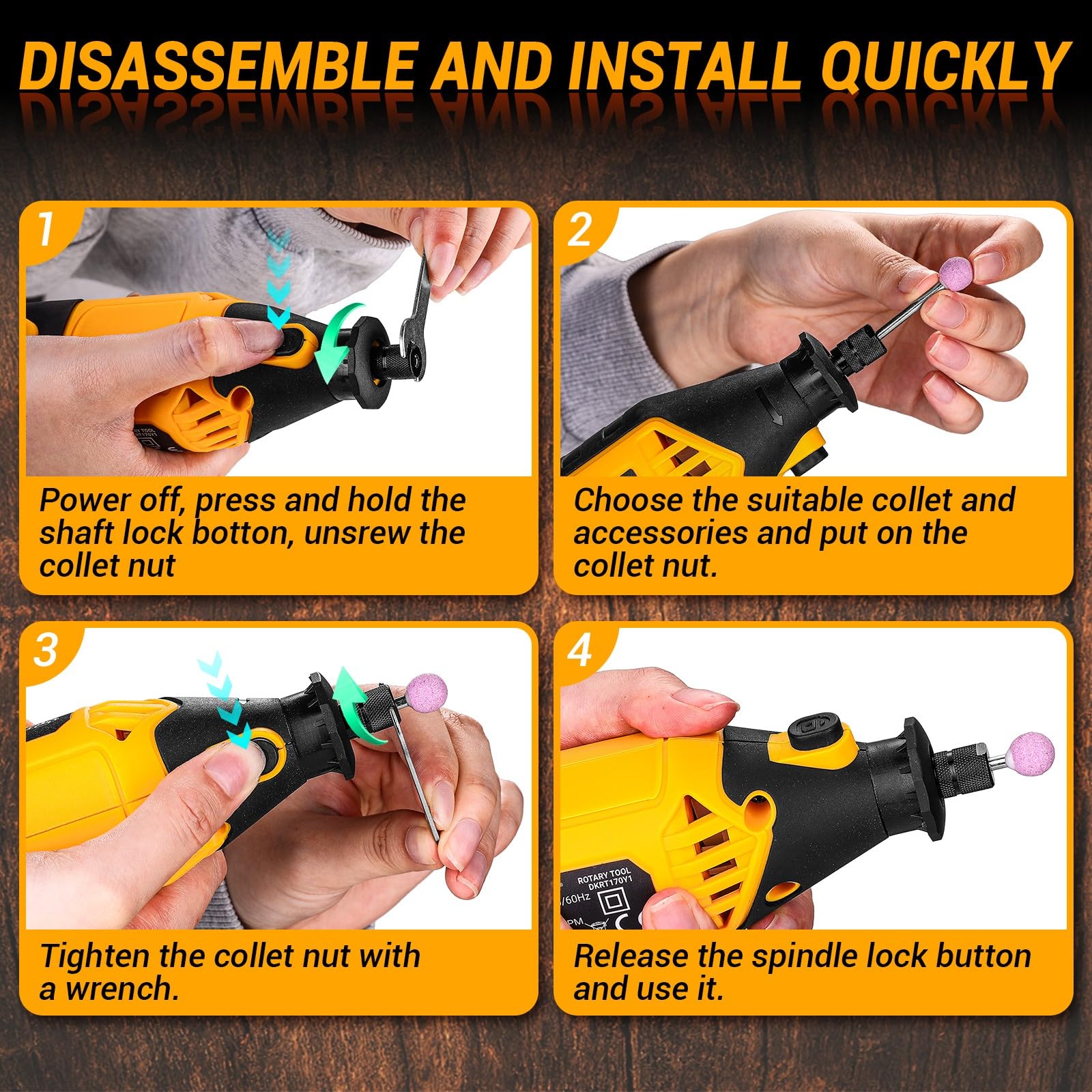 DEKOPRO kit features 127 accessories for cutting, grinding, sanding, polishing, engraving.