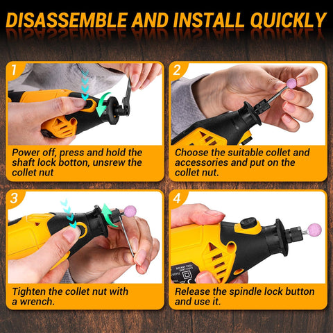 DEKOPRO kit features 127 accessories for cutting, grinding, sanding, polishing, engraving.