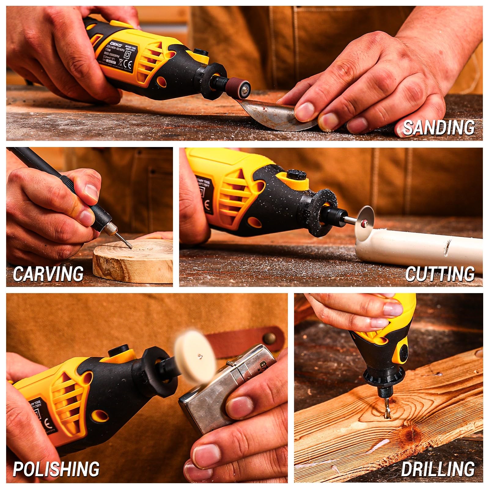Precise cutting and shaping capabilities with DEKOPRO rotary tool kit.