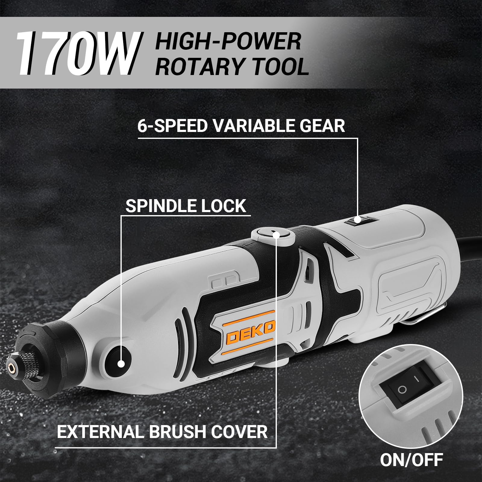 DEKOPRO rotary tool with 6-speed control for fine tuning RPM