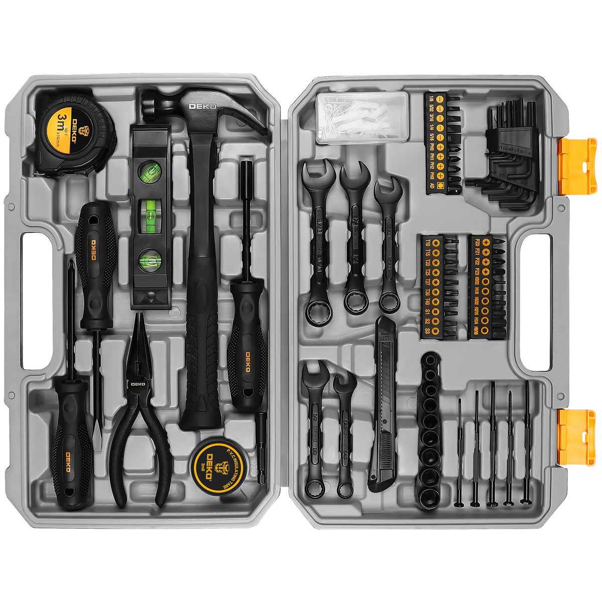 DEKOPRO tool kit box front view showing organized tools for quick repairs.