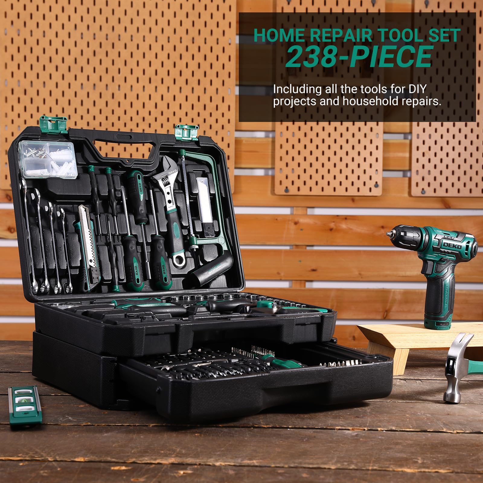 DEKOPRO 12V cordless drill, quick charge for DIY tasks.