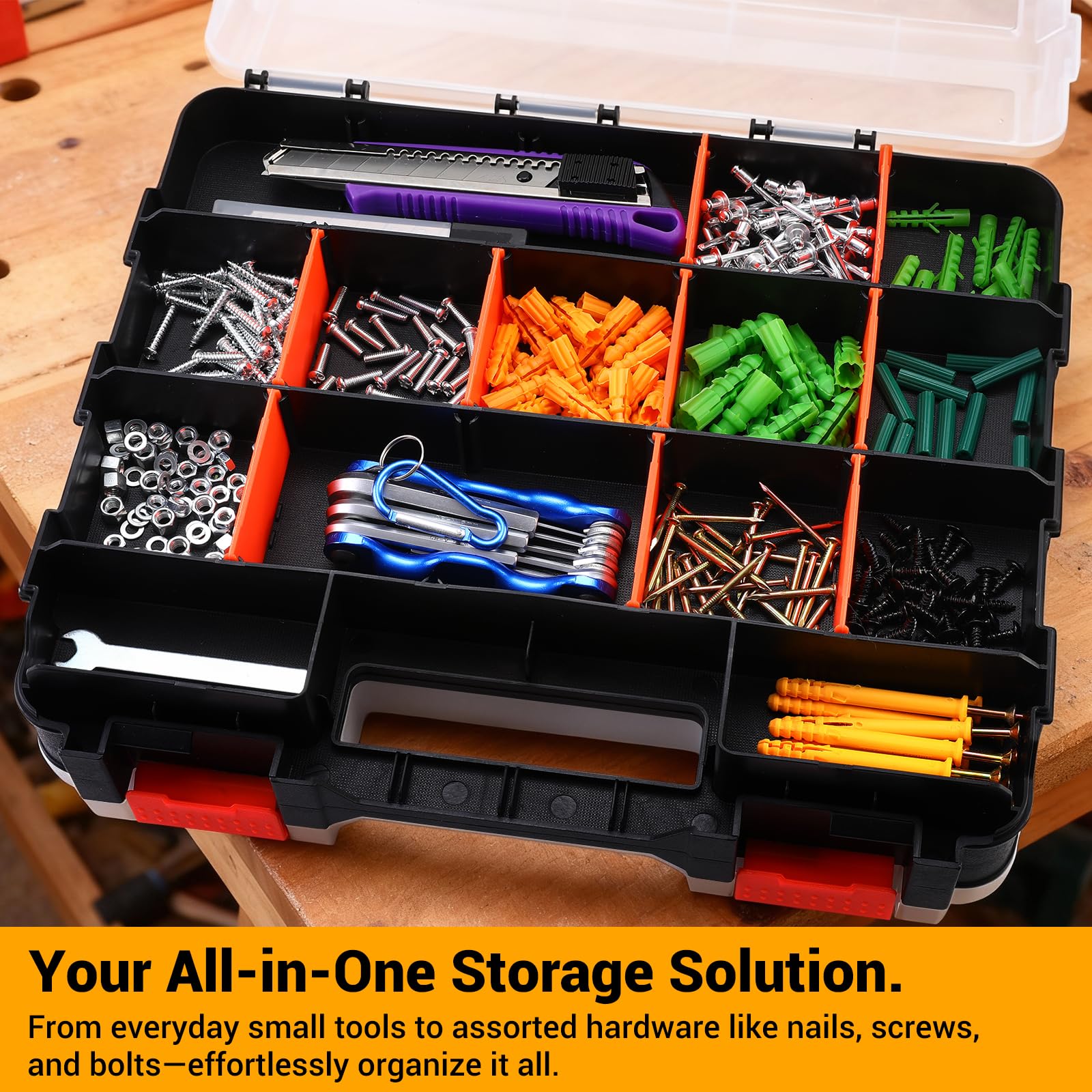 DEKOPRO transparent hardware organizer offers easy visibility of contents