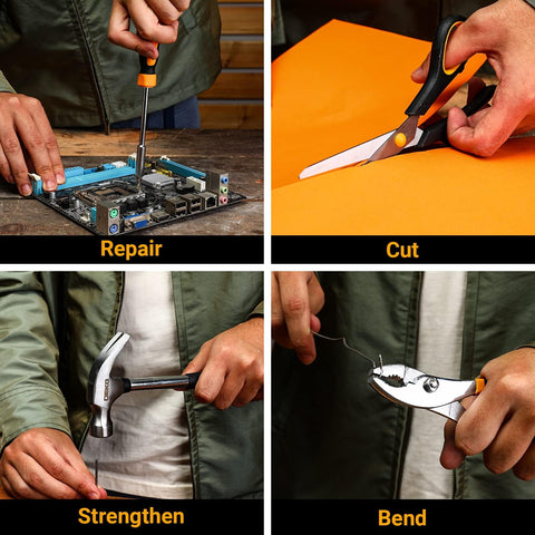 DEKOPRO utility cutter, scissors, and hammer for everyday tasks.