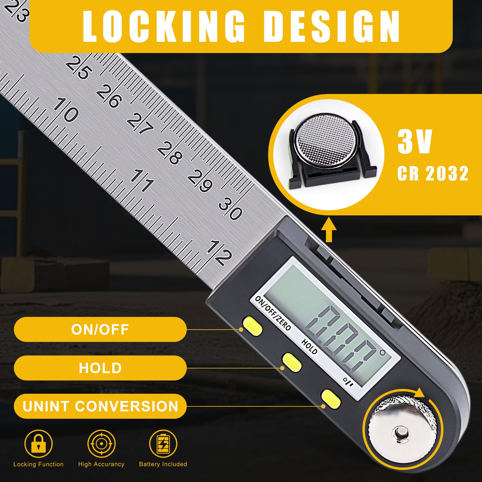 Delgada digital angle finder LCD display clearly reading a measurement on site