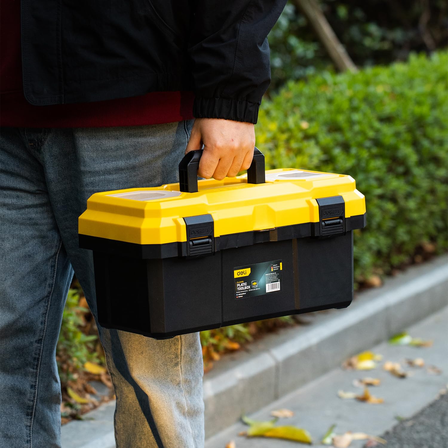 Deli 16-Inch Tool Box carry handle enables portable storage on job sites
