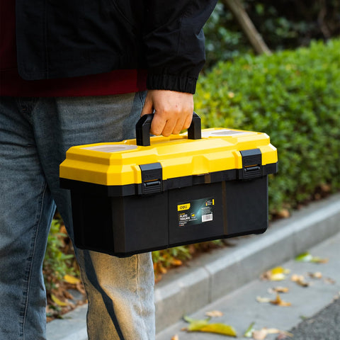 Deli 16-Inch Tool Box carry handle enables portable storage on job sites