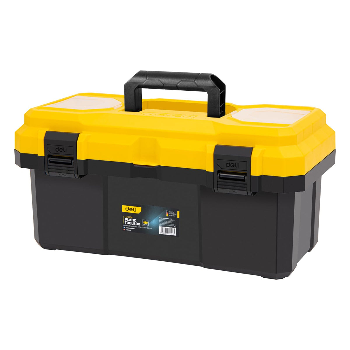 Deli 16-Inch Tool Box with Lock lid secures tools during transport