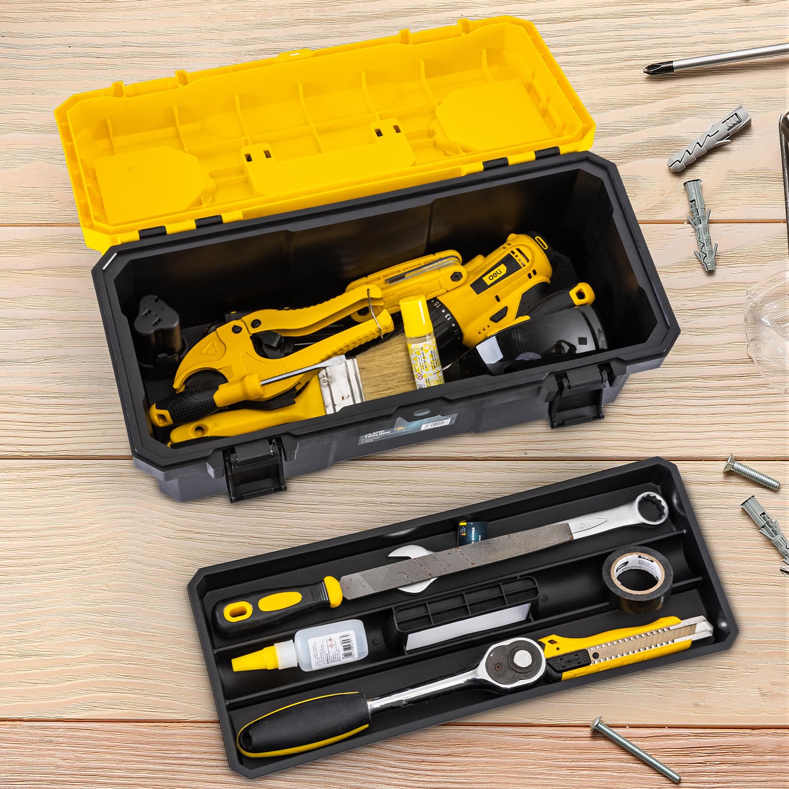 Deli tool box anti-slip handle enhances grip during transport.