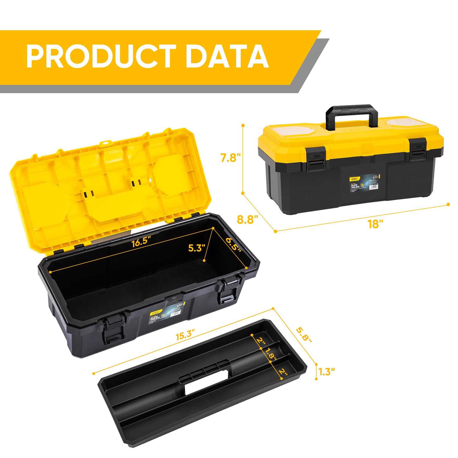 Deli 18-inch tool box dual-layer tray provides organized access to small parts.