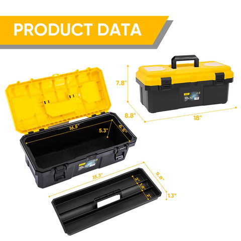 Deli 18-inch tool box dual-layer tray provides organized access to small parts.