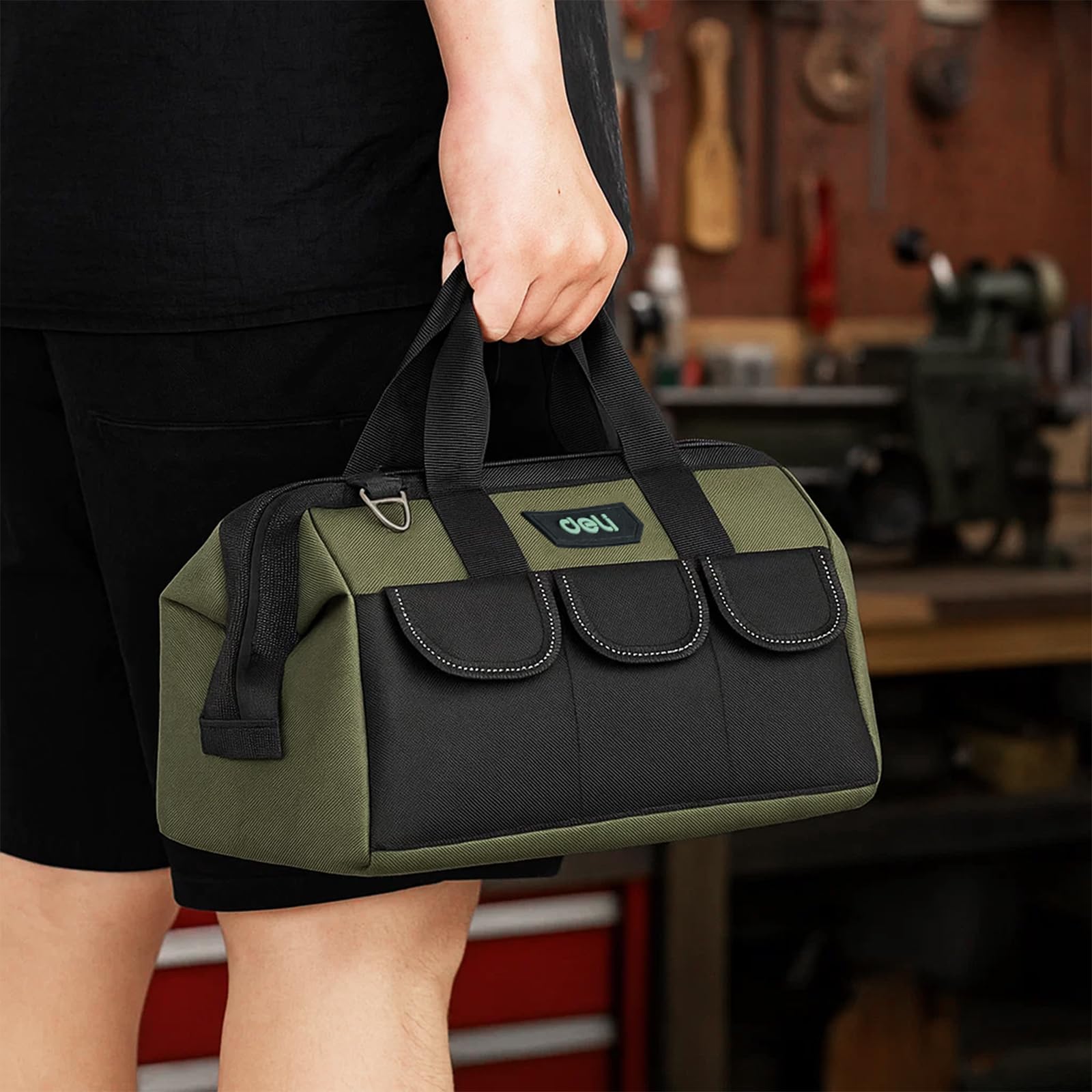 Deli compact 12.5-inch tool bag ready for transport
