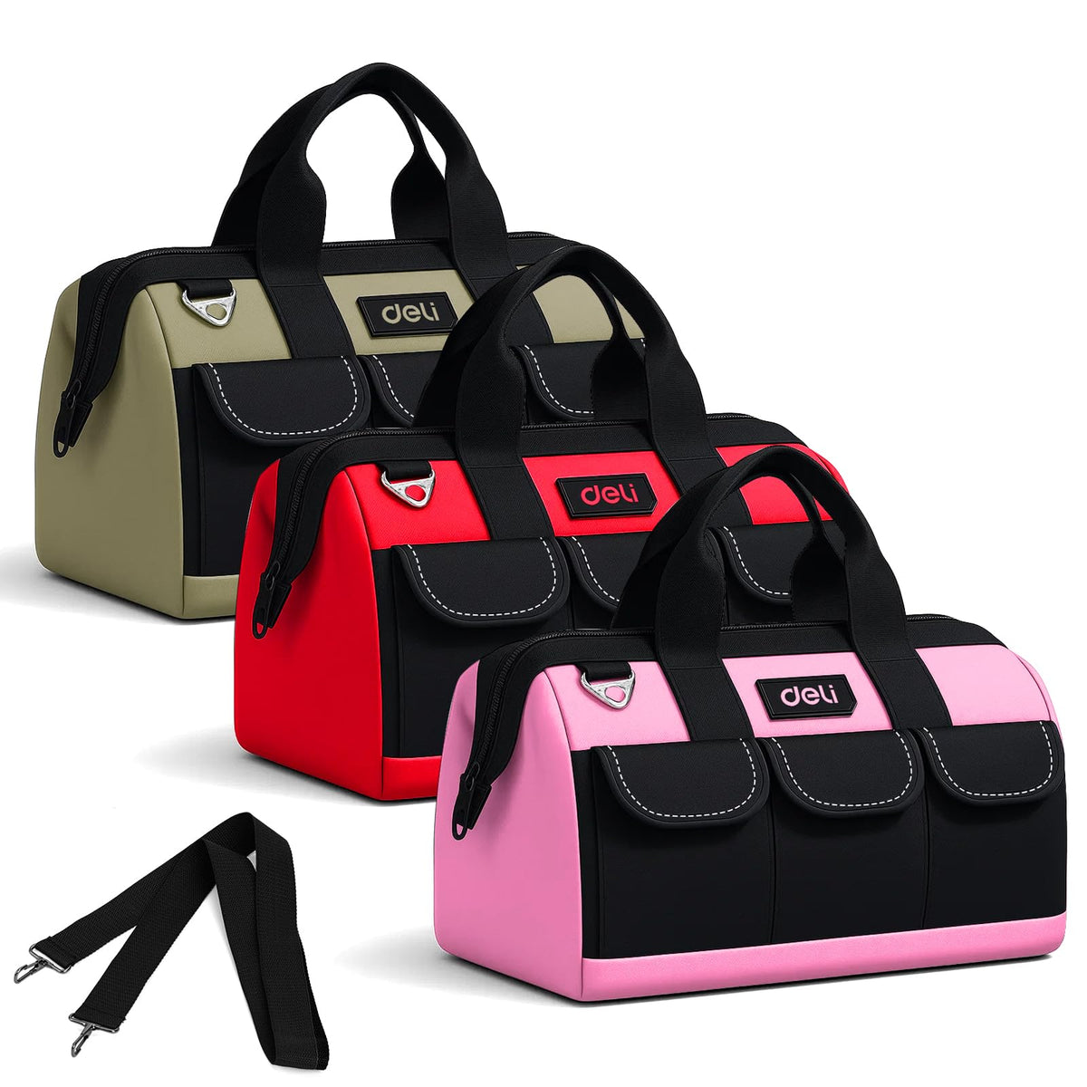 Deli 3-pack tool bag in green, front view showing compact size and organization potential