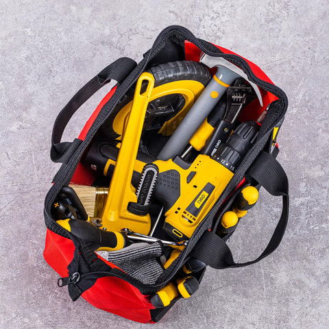 Deli tool bag in red with accessible side pocket for quick tool access