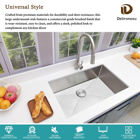 Delironexu 30-inch undermount sink side view showing clean lines and seamless countertop integration.