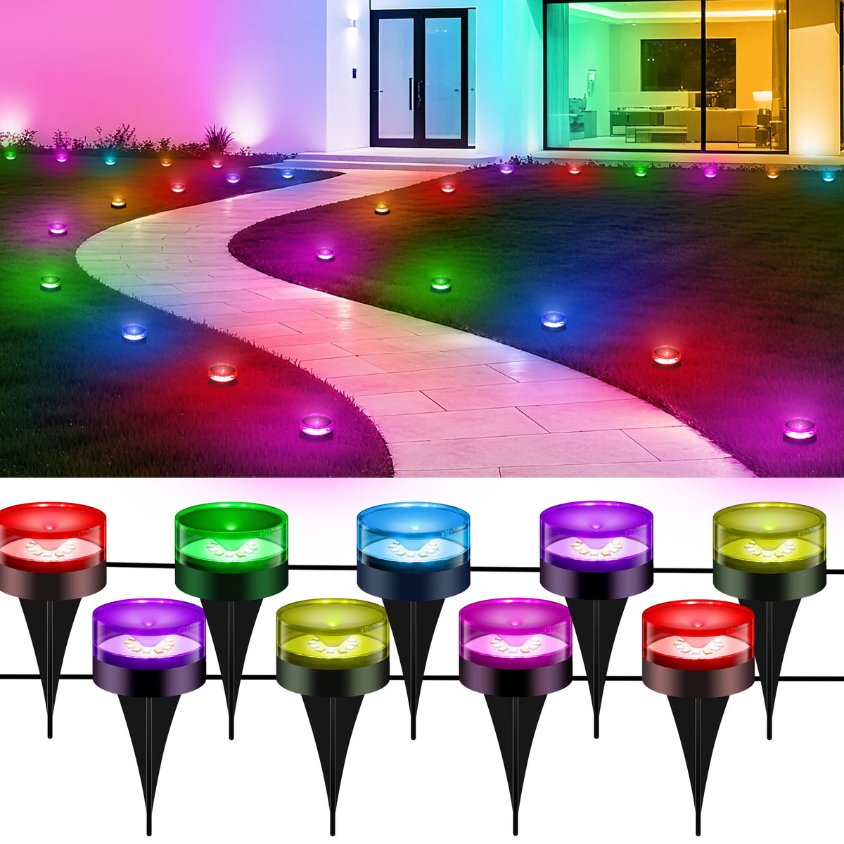DELITOR Christmas pathway lights along a 50-foot walkway for festive outdoor decor.