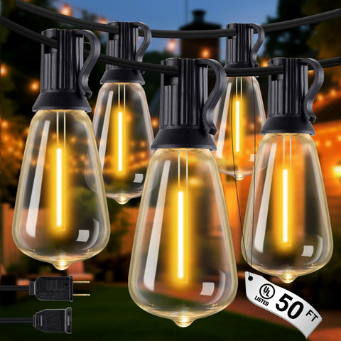 Delitor outdoor string lights 50ft with 27 shatterproof bulbs providing energy-efficient warm glow