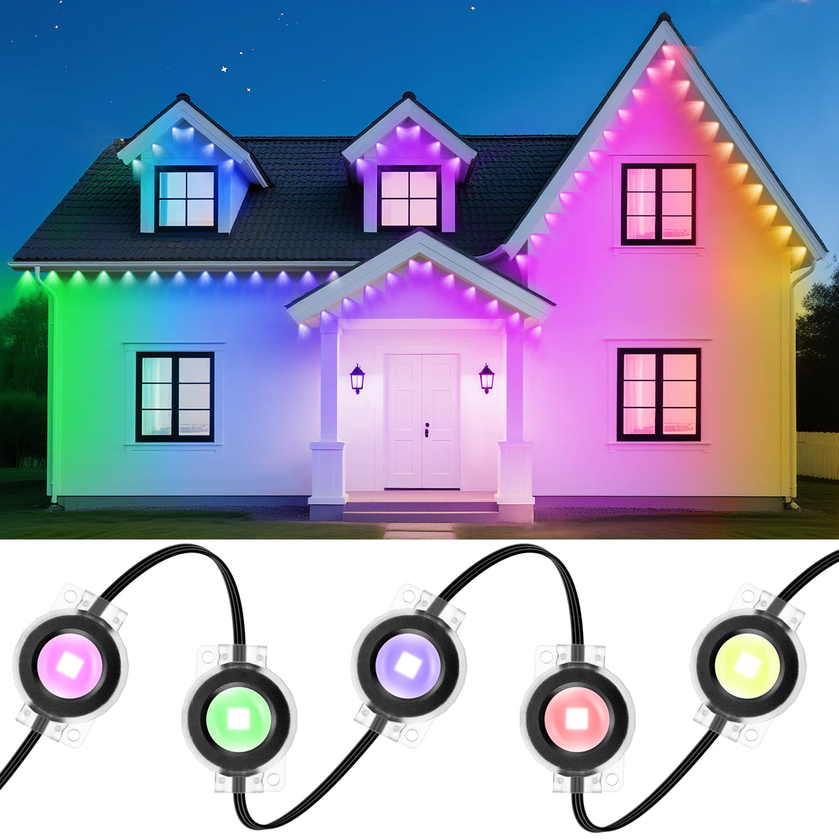 DELITOR roofline lighting with RGB effects for year-round curb appeal.