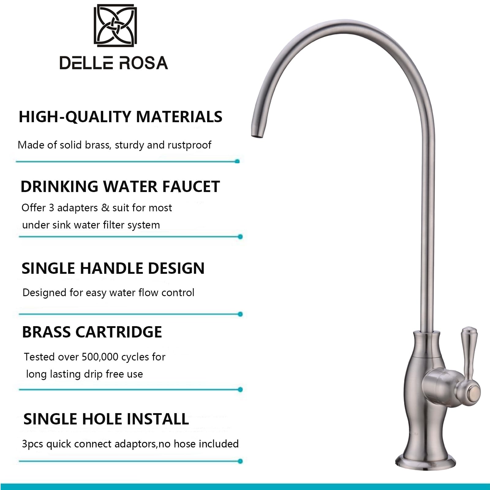 Delle Rosa brushed nickel faucet close-up showing tall spout