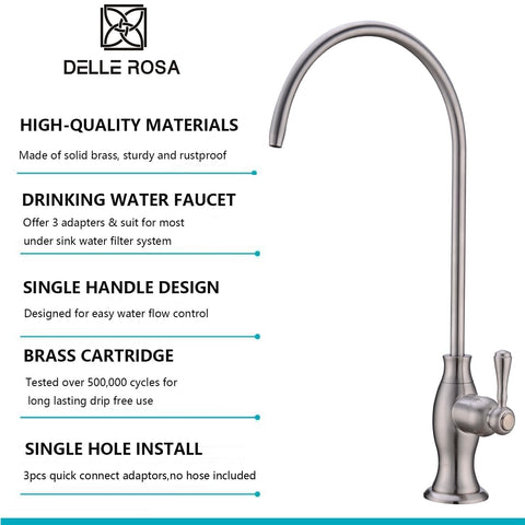 Delle Rosa brushed nickel faucet close-up showing tall spout