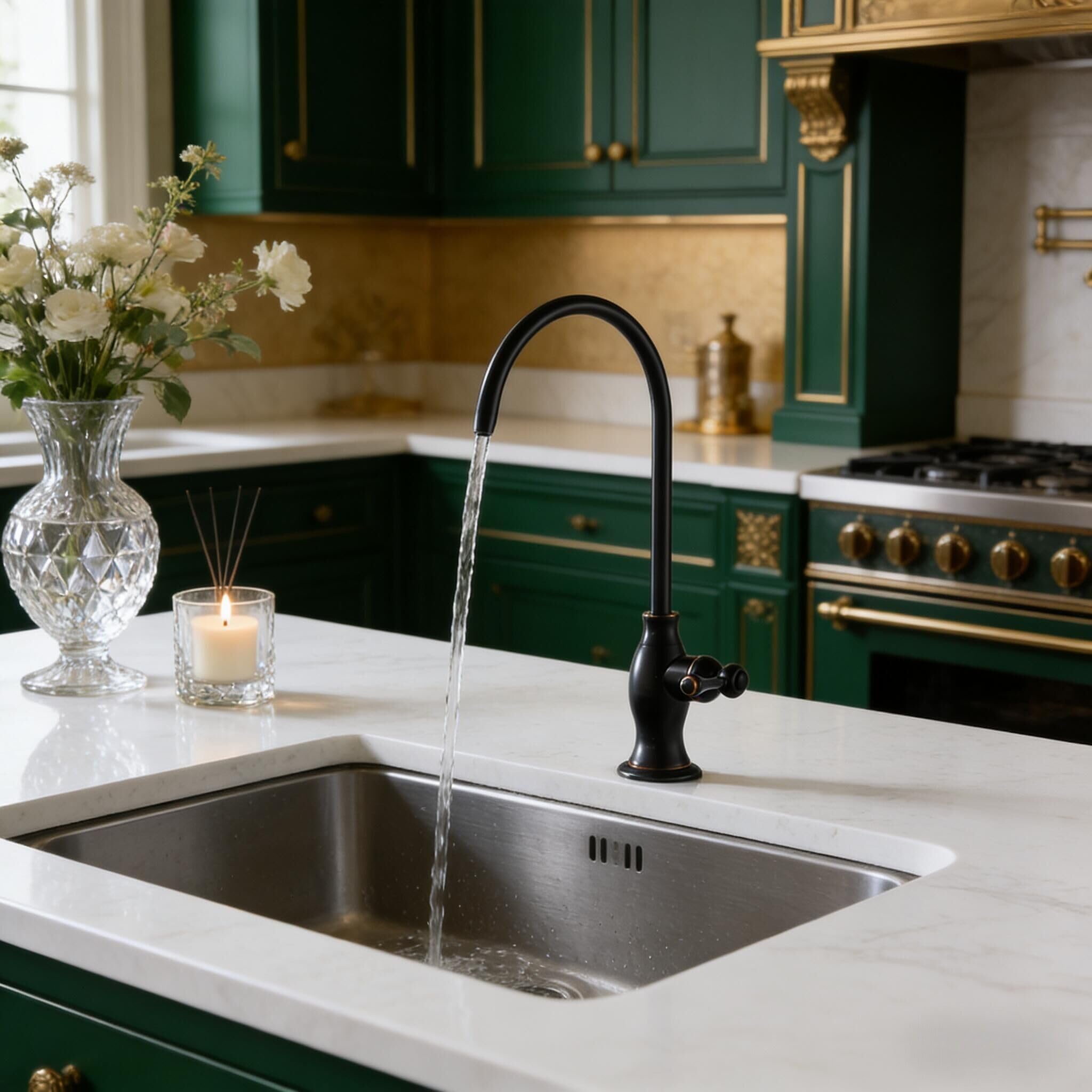 Delle Rosa includes three quick-connect adapters for flexible plumbing.