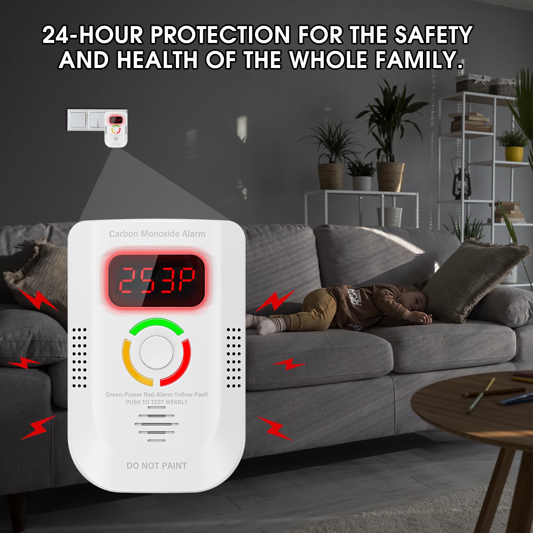 Deller CO detector audible alarm triggers attention when CO detected