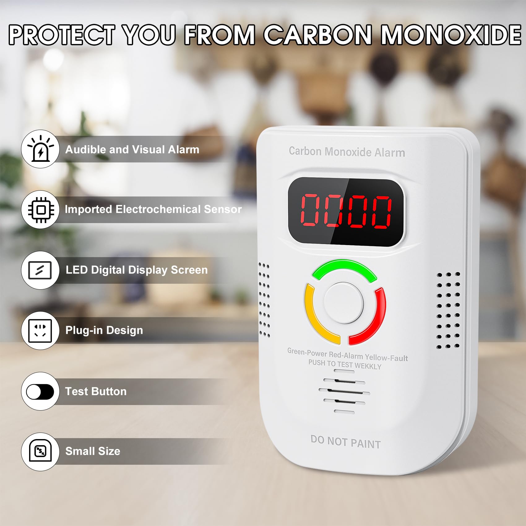 Deller CO detector with visual alarm notification for safety