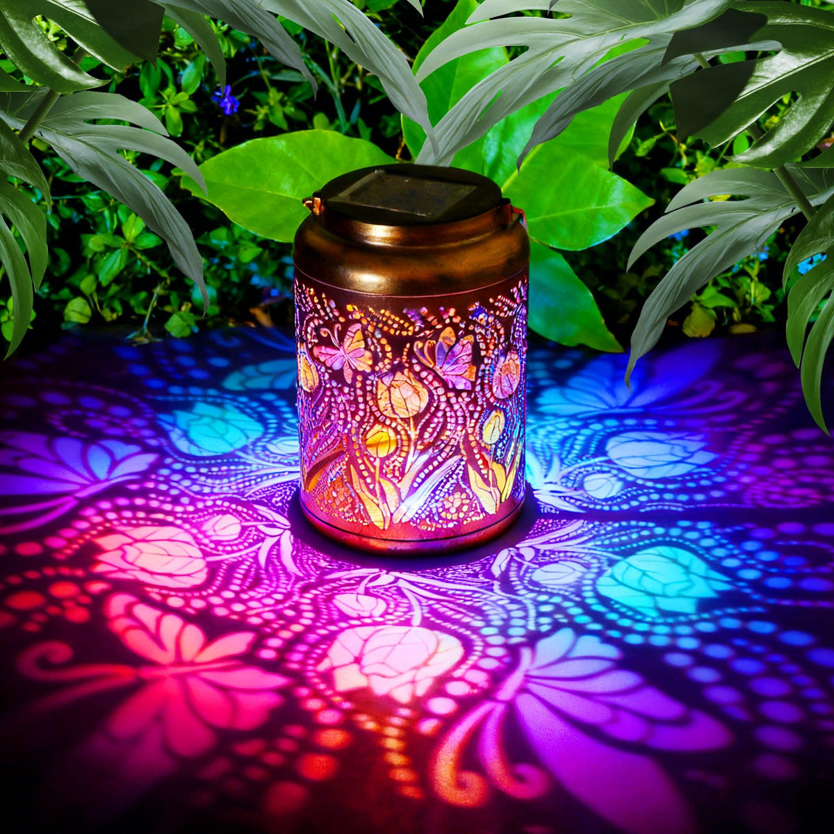 Dellicasi butterfly solar lantern in the garden creates a warm glow.