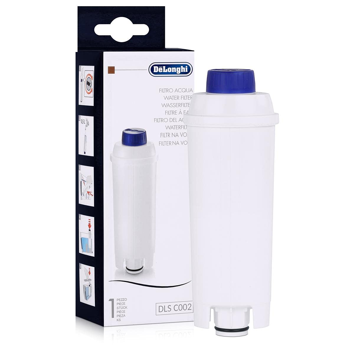 De'Longhi DLSC002 water filter box shows easy replacement for ECAM and EC800 machines