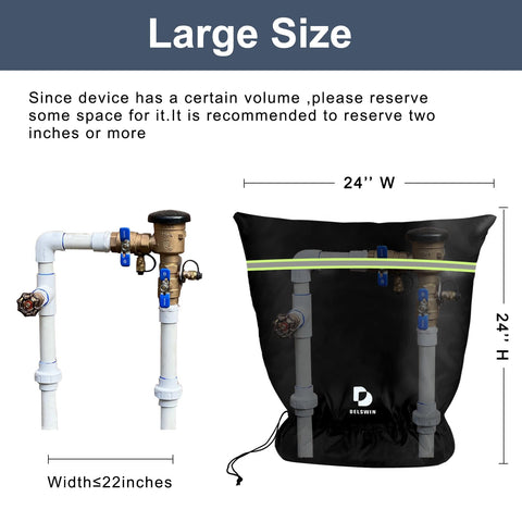 DELSWIN backflow cover side view shows a 24x24 fit for larger backflow systems.