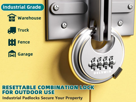 DELSWIN disc padlock on storage unit secures access