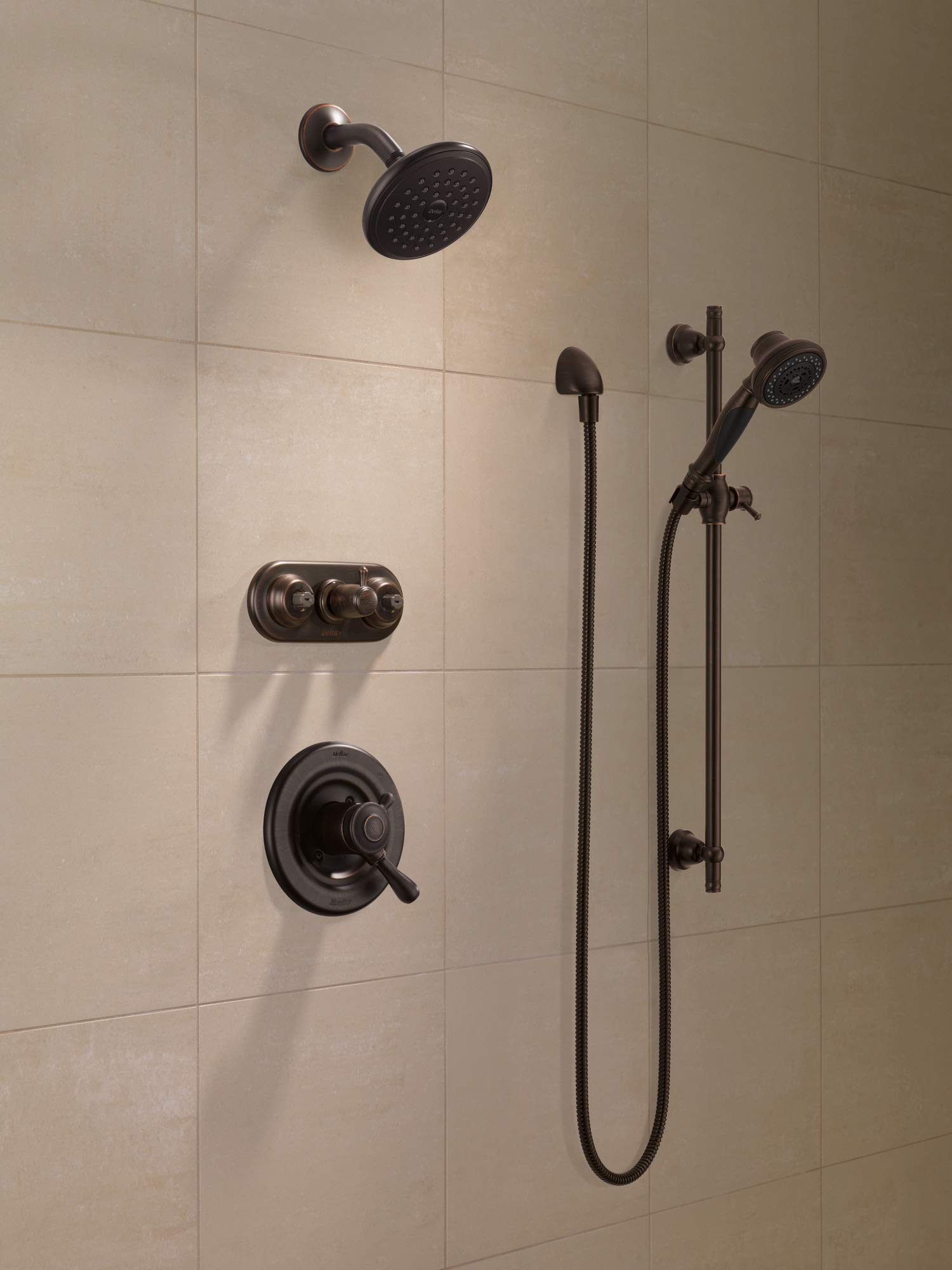 Venetian Bronze finish detail highlights warm metallic tone and water-spot resistance.