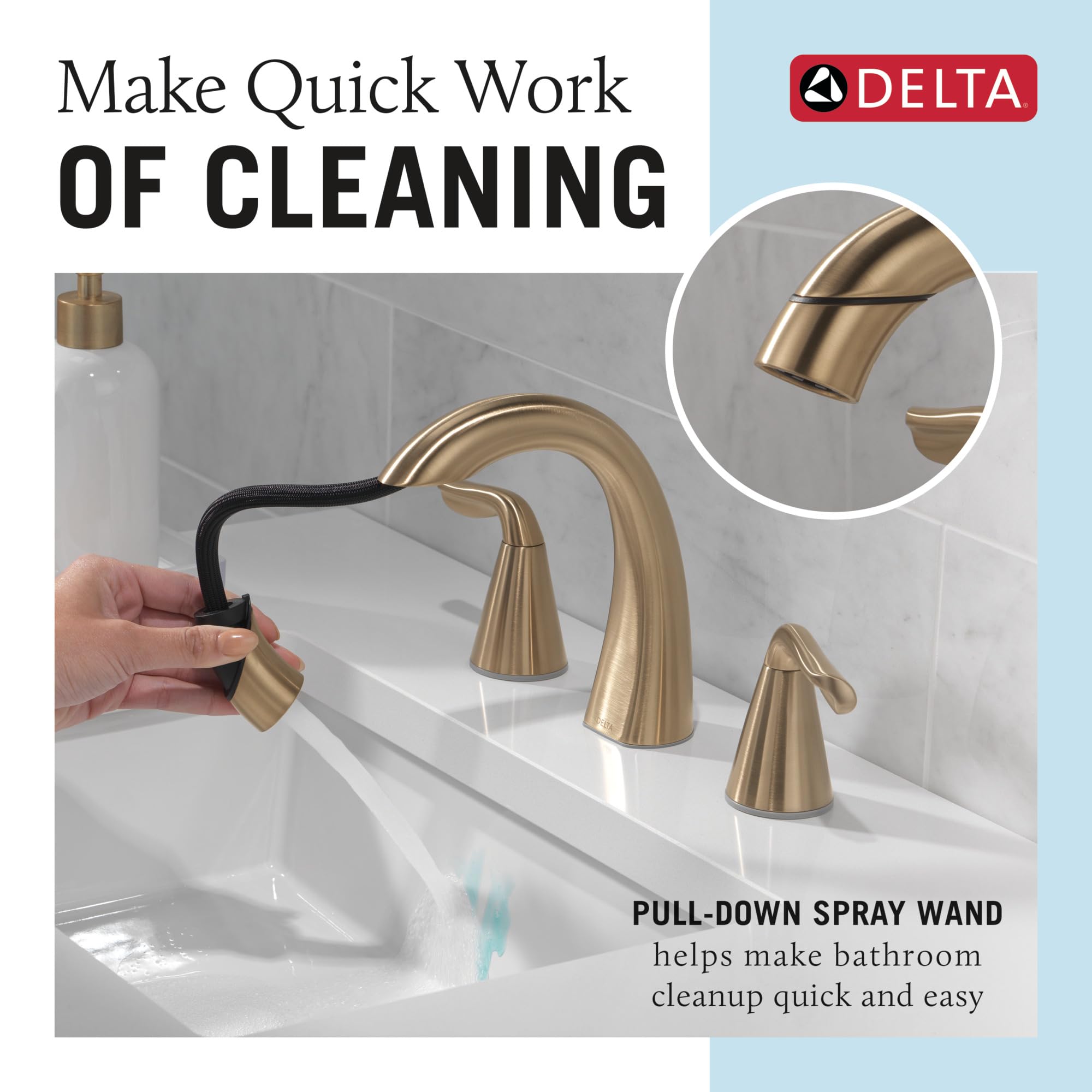 Delta Arvo brushed gold faucet with 8-inch spread, easy three-hole installation.