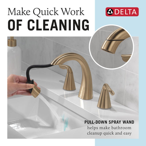 Delta Arvo brushed gold faucet with 8-inch spread, easy three-hole installation.