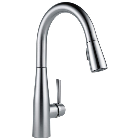 Delta Essa pull-down kitchen faucet in Arctic Stainless offering flexible reach at the sink