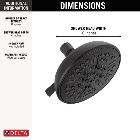 Delta Faucet matte black shower head close-up shows modern, durable finish.