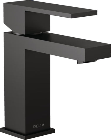 Delta Modern Matte Black faucet for 1-hole sink—space-saving, contemporary vanity design.
